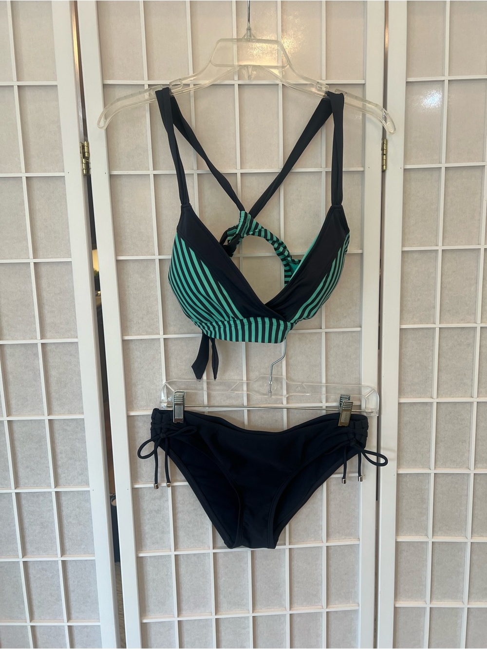 Mossimo Supply Co. Black & Green Striped Tie-Back Bikini Set